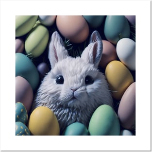 white bunny surrounded by colorful eggs sticker Posters and Art